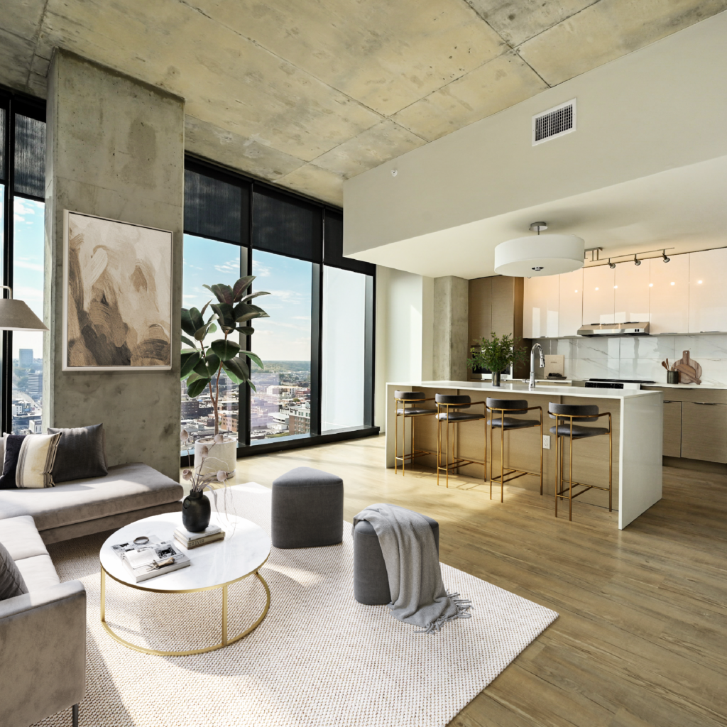 Living Room and Kitchen of an apartment home at Three Light Luxury Apartments.
