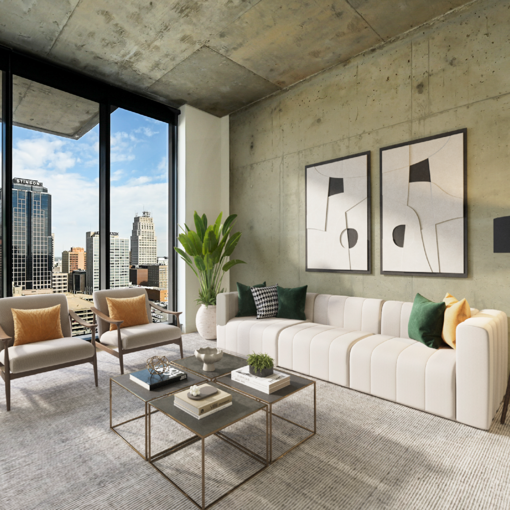 A living room of an apartment home at Three Light Luxury Apartments.