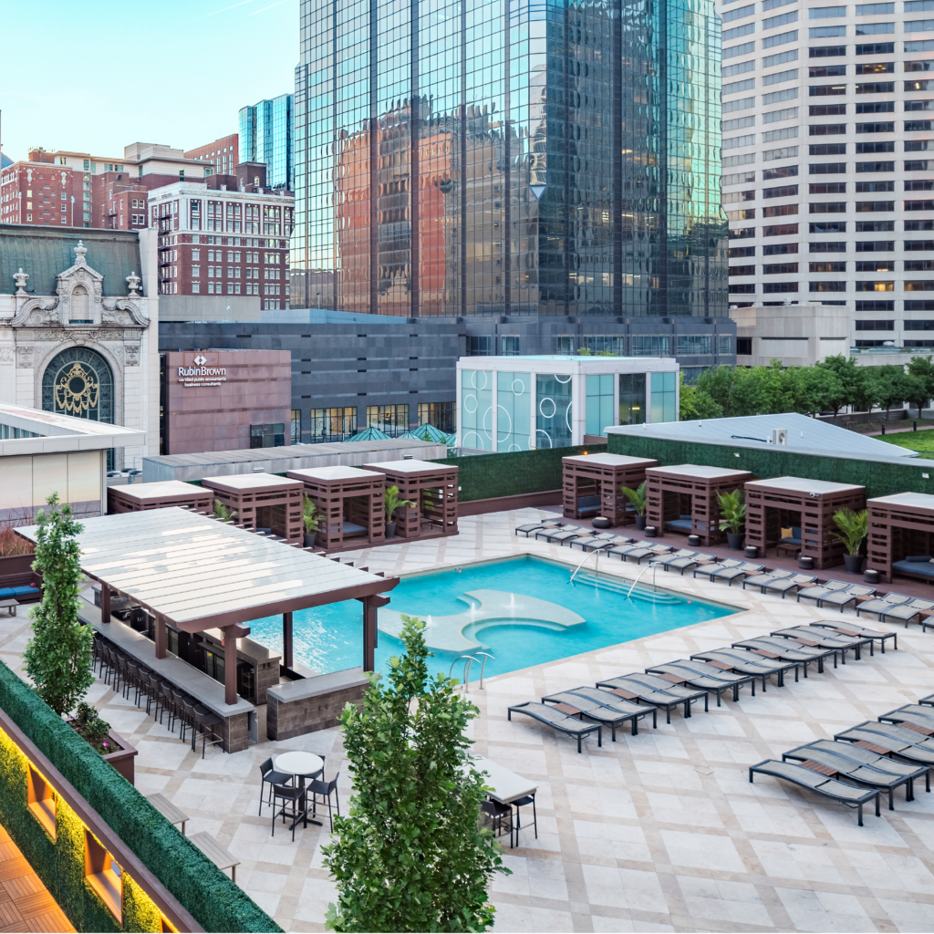 An aerial view of the pool at One Light Luxury Apartments.
