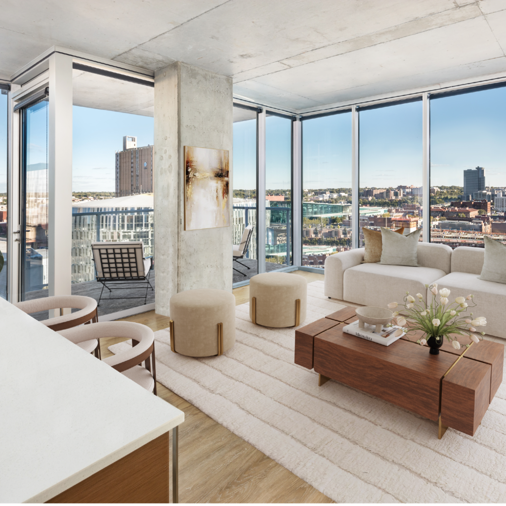 The Living room of an apartment home at One Light Luxury Apartments.