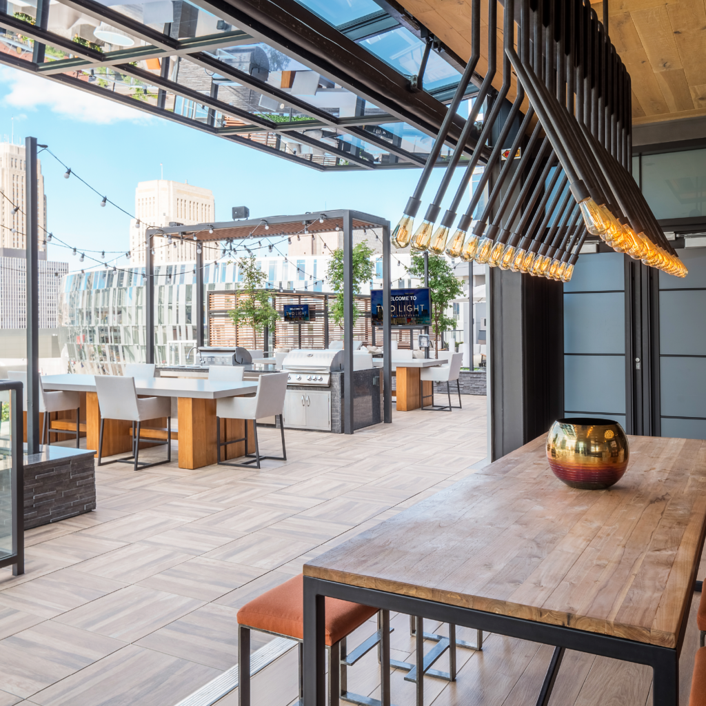 The indoor outdoor space at Two Light Luxury Apartments.