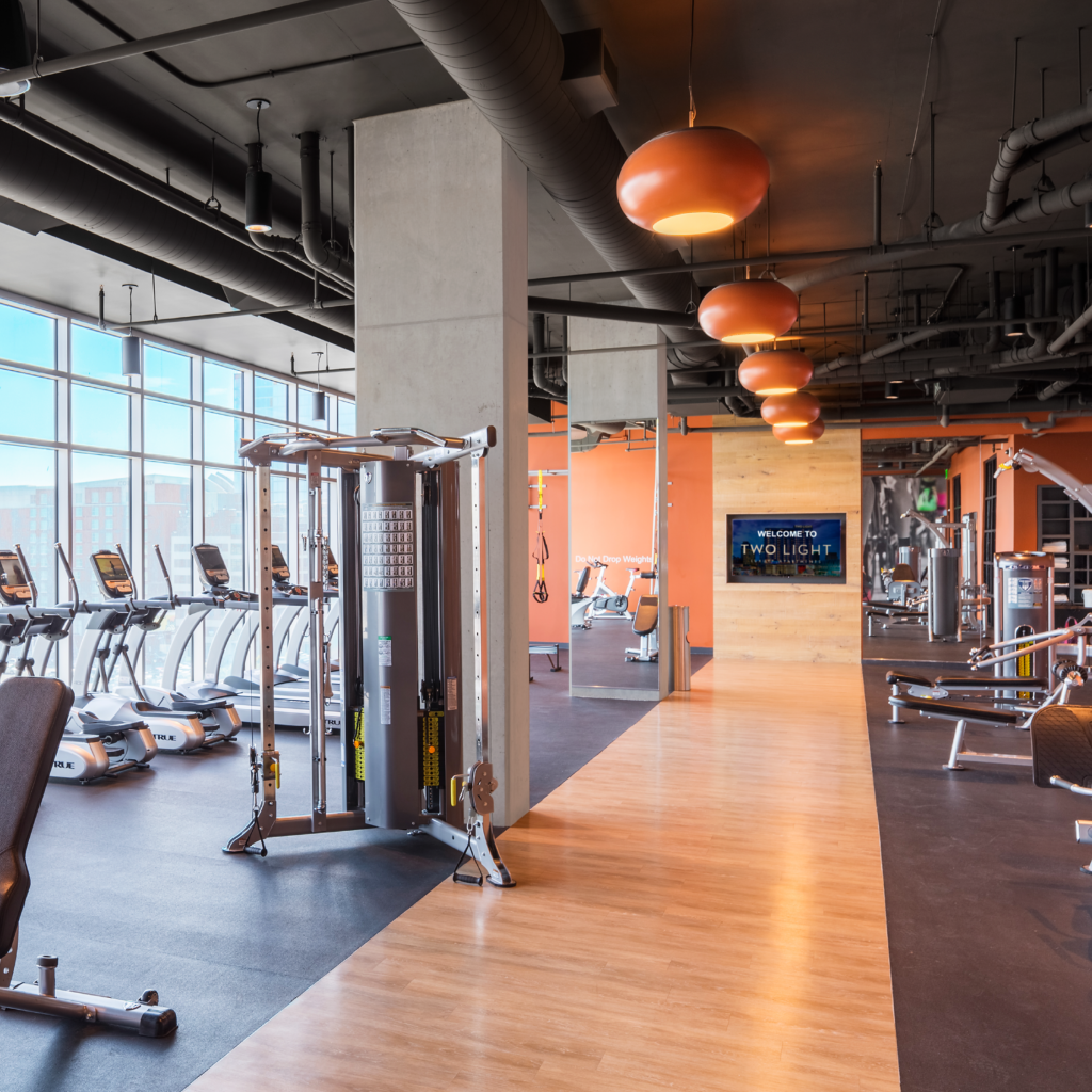 The fitness center at Two Light Luxury Apartments.